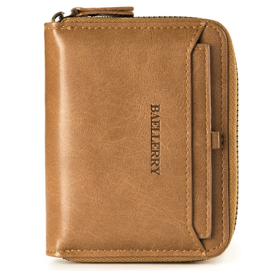 Brown PU leather zipper wallet with front card slot and metal zipper pull