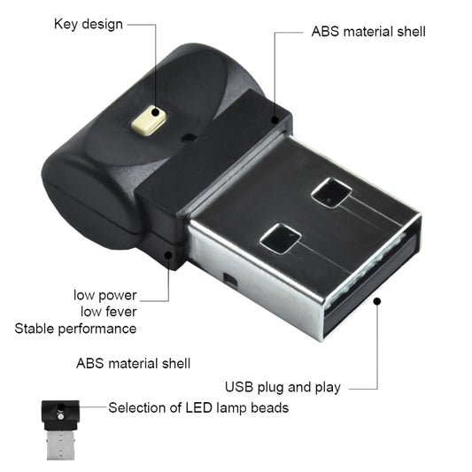 Car USB LED atmosphere light with black ABS shell and silver USB connector