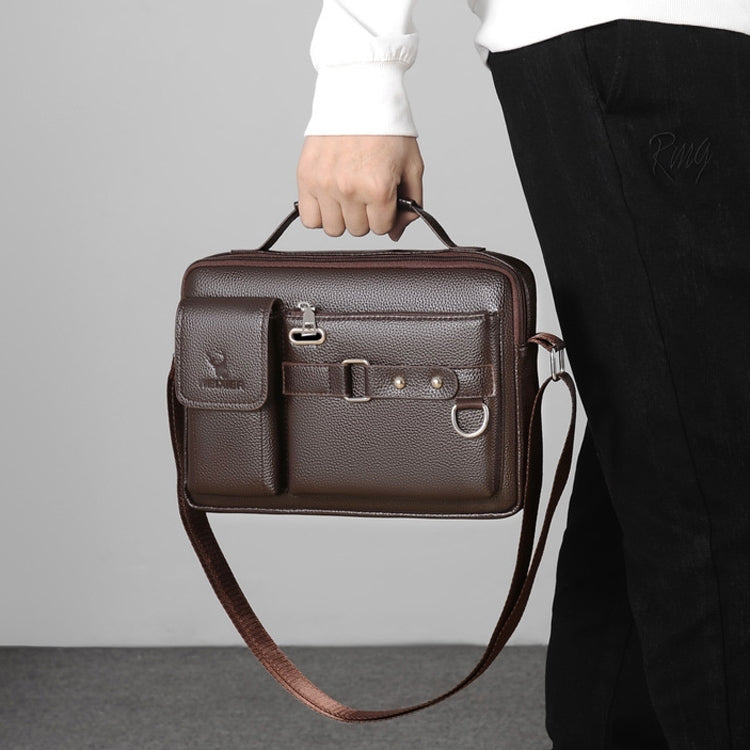 Men's brown PU leather shoulder bag with front flap, buckles, and adjustable strap