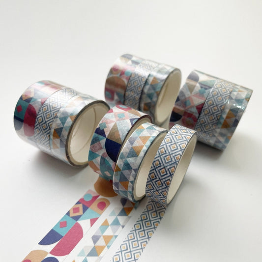 3 Sets/9 Rolls 4585 3m Paper Bronzing Hand Account Tape Set, Rainbow Geometry, Emerald Green, Flower Leaves, Blues, Golden, Magic, Graffiti, Small Latches, Small Bits, Starry Sky
