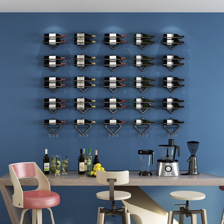Wall-mounted wine rack set with many black diamond-mounted bottle holders