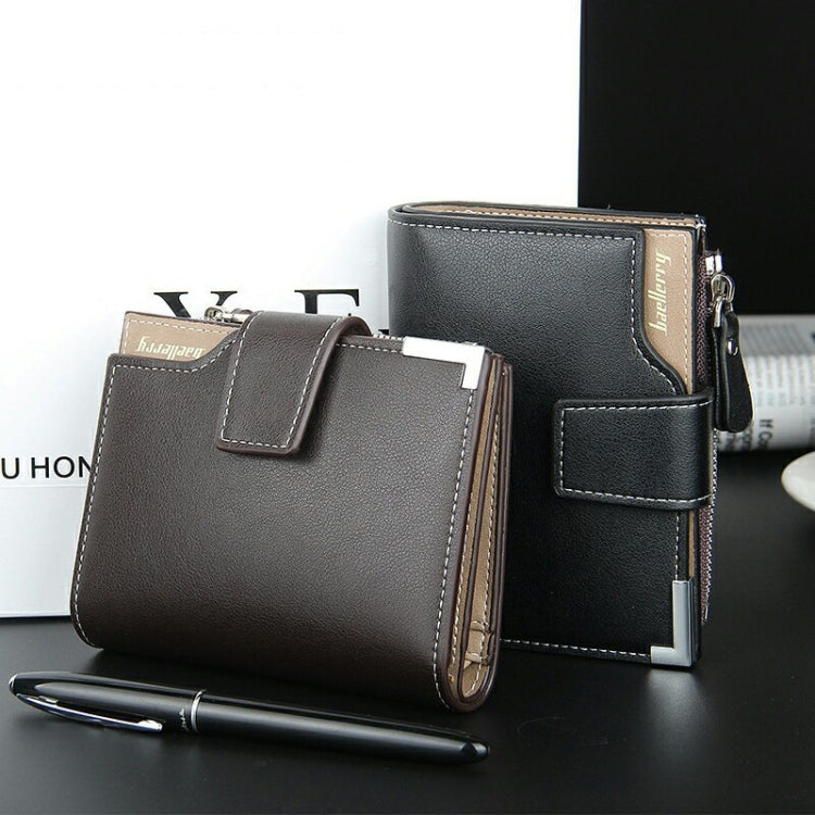 Dark tri-fold zipper wallet with buckle strap, patch pocket, and side zipper pull