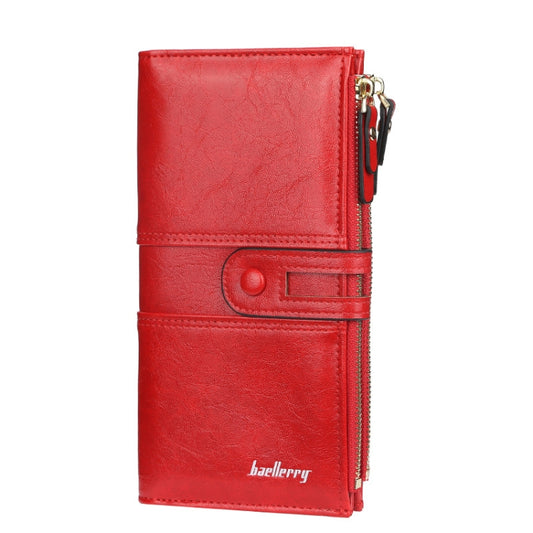 Red long zip clutch wallet with buckle tab and keyring hardware detail