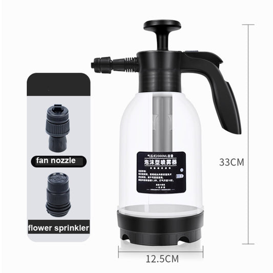 Handheld sprayer with transparent white tank, fan nozzle and sprinkler nozzle