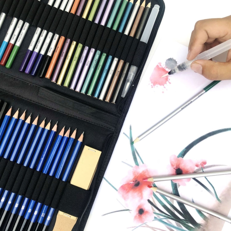 Watercolor pencil set pouch with assorted colored pencils, hand painting with brush