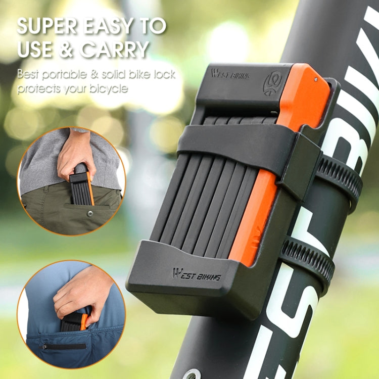 Compact folding bicycle chain lock in black and orange with carry-ready design