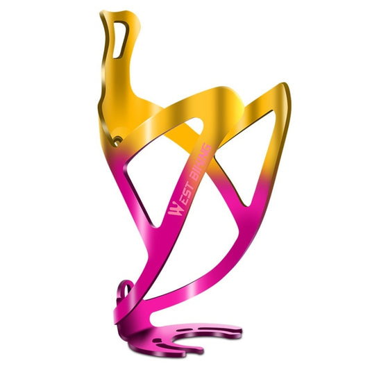 Gold-to-pink gradient bicycle bottle cage with curved base hooks and side openings