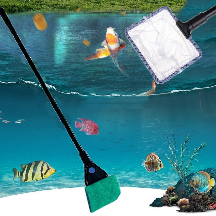 Aquarium cleaning tool with long handle and green algae pad over fish tank