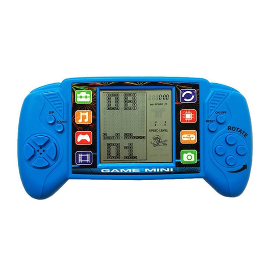Blue handheld game console with built-in screen, buttons, and D-pad controls