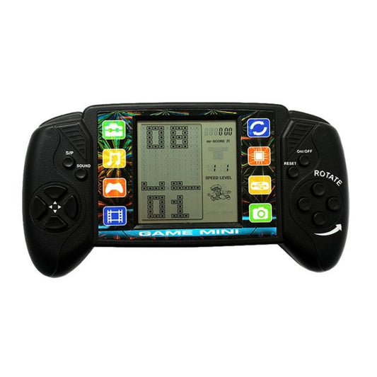 Black handheld game console with built-in screen and side action buttons