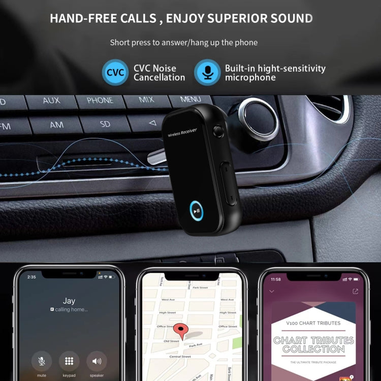 Black wireless receiver mounted in car interior with blue control button