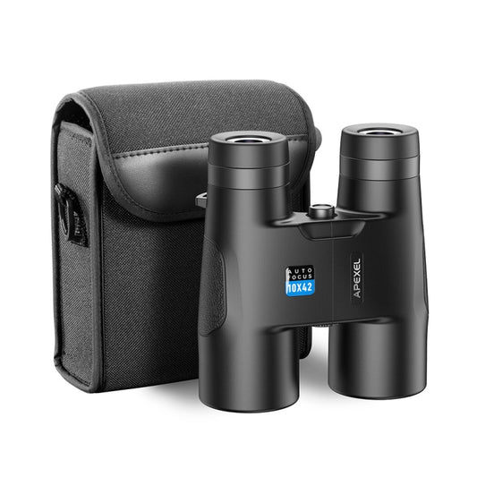 Black APEXEL 10x42 binoculars with carry case, two eyepieces and front objectives.