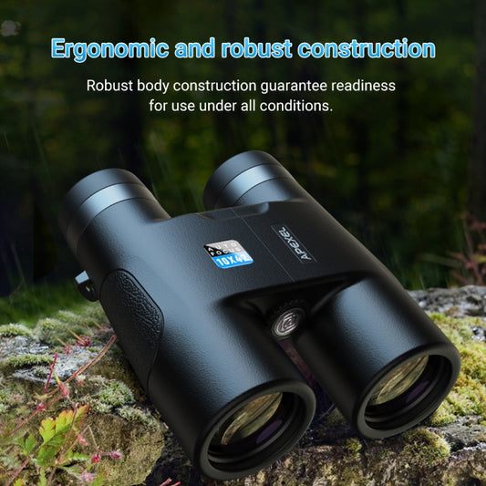 Black 10x42 binoculars angled view with textured grip and green-tinted lenses.