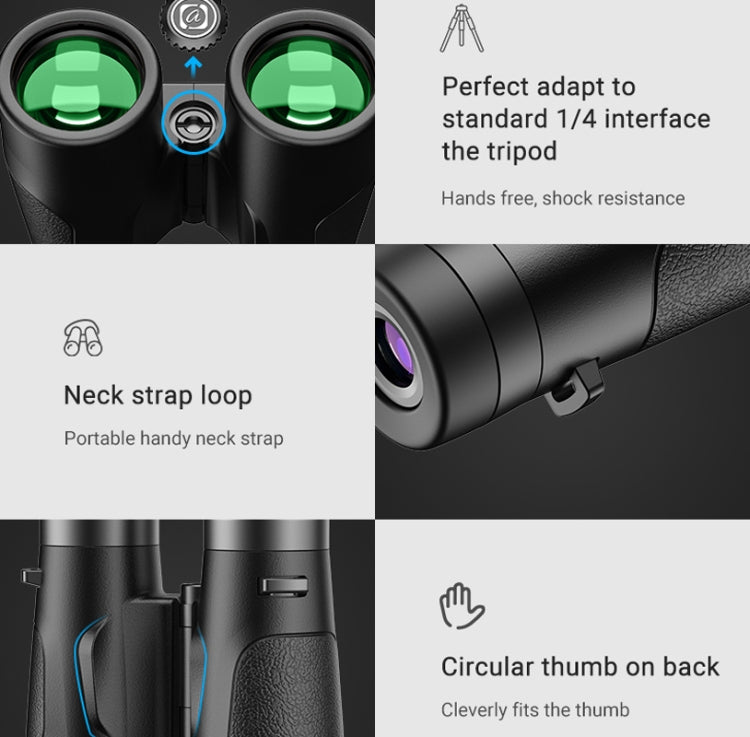 Black 10x42 binoculars with neck strap loop and textured thumb grip detail.
