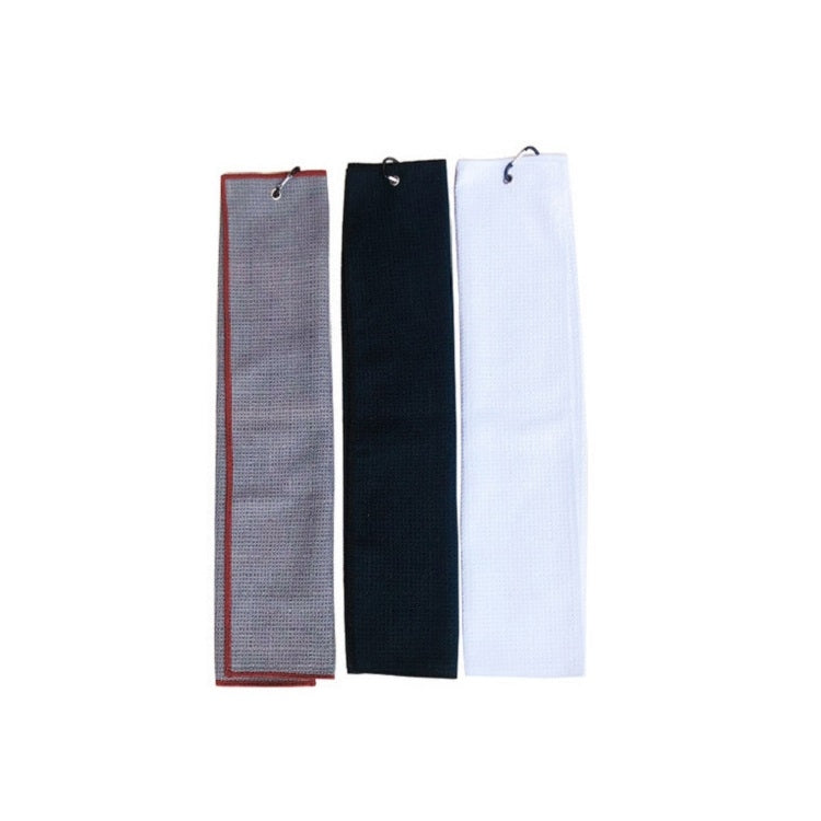 Hanging golf towels in grey, black, and white with hook loops