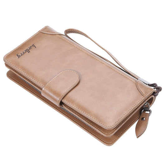 Men's leather-look wallet with wrist strap, front flap, and zip coin pocket, light brown