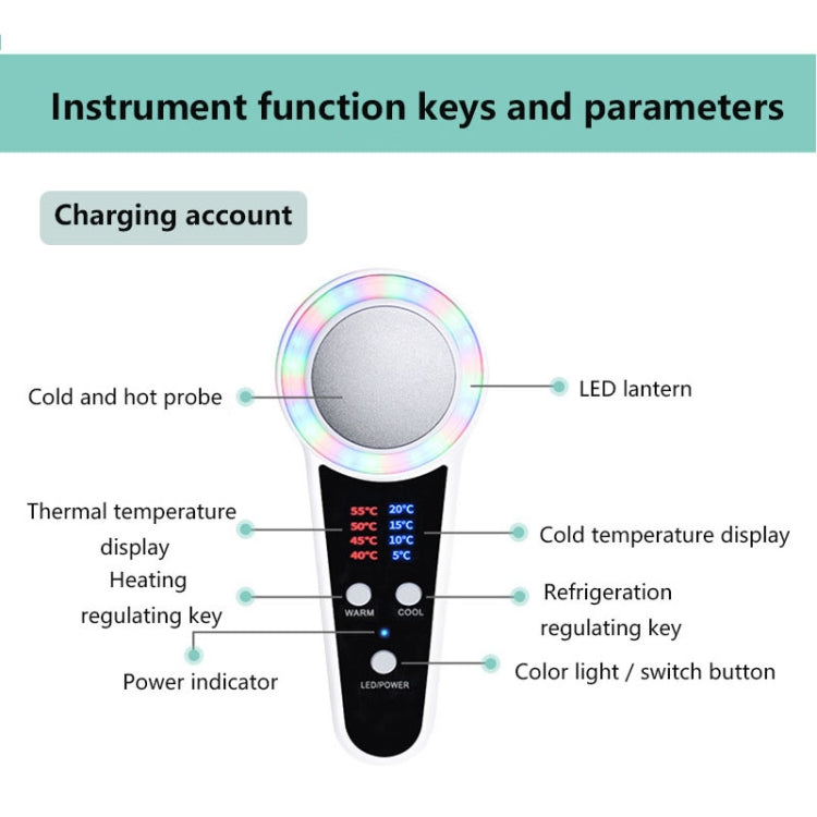 Facial beauty device with rainbow LED ring, temperature display, and function buttons