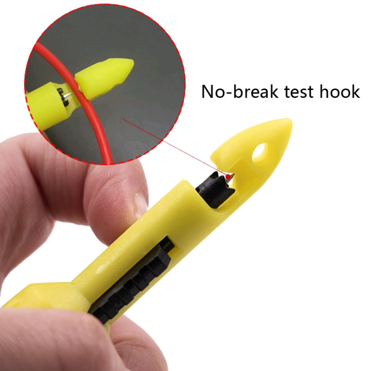 Handheld yellow no-break test hook tool with black ridged connector and red cable