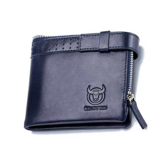 Blue leather bifold wallet with buckle strap, zipper pocket, and bull logo
