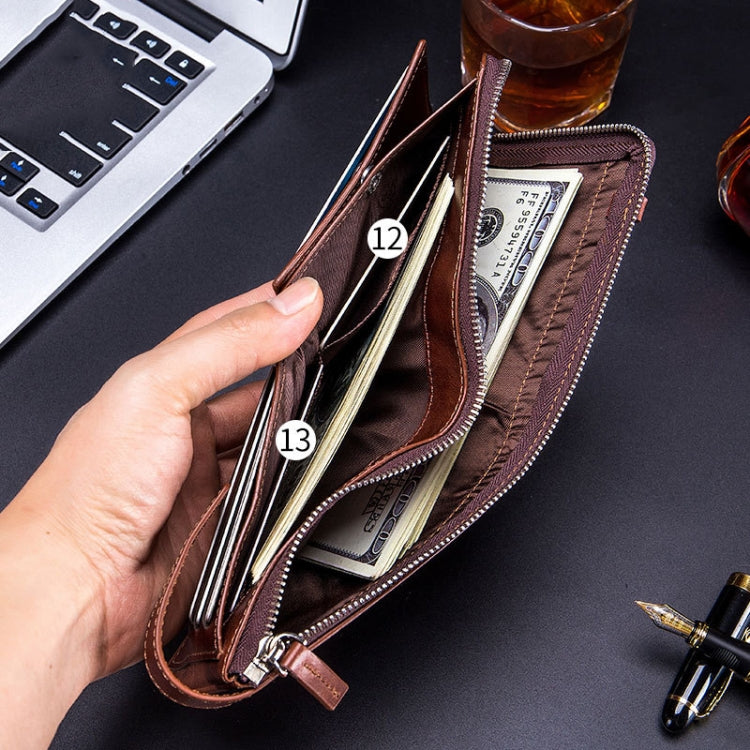 Open brown leather wallet with card compartments and coin pocket