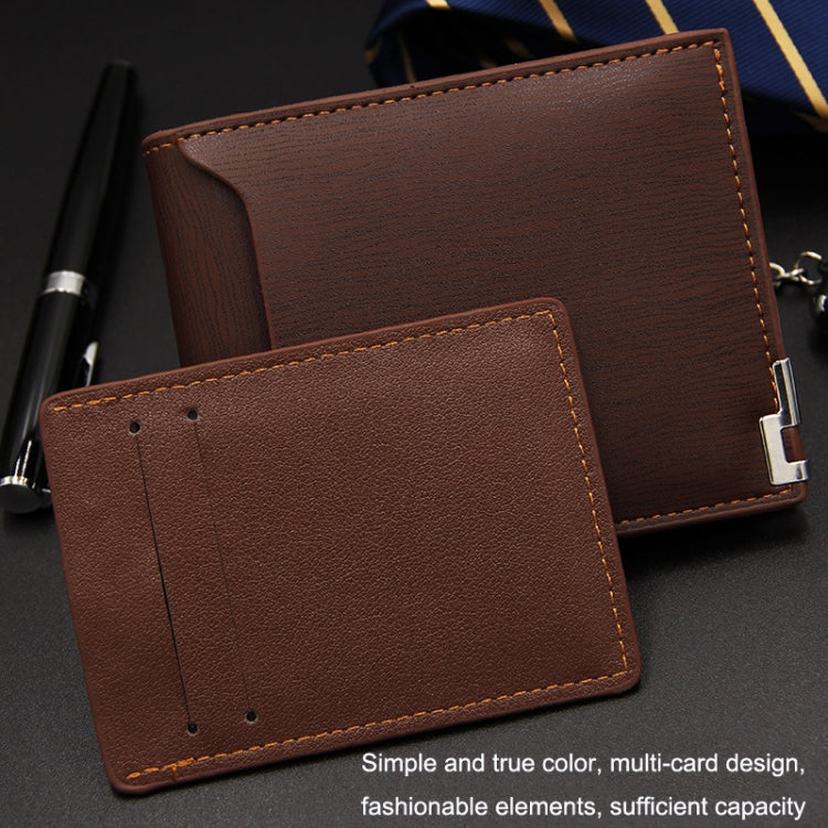 Brown bi-fold card clip wallet with metal clasp and front card pocket flap.