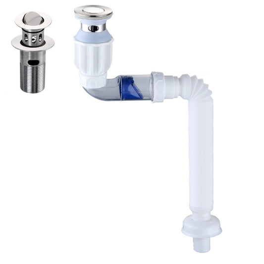 Bathroom sink drain and overflow with chrome strainer, white pipe and blue connector