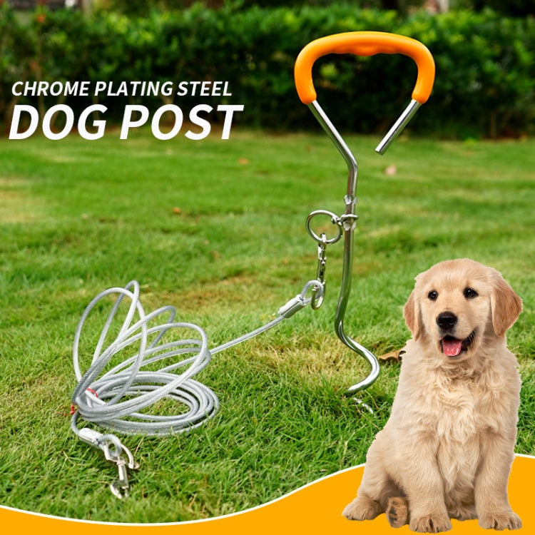Outdoor pet dog post ground anchor stake with chrome finish, orange handle and wire rope