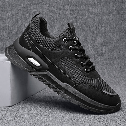 Height-increasing men's running shoes, black mesh lace-up with thick platform sole