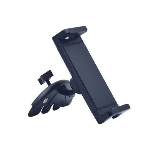 Car CD-slot phone and tablet bracket, dark mount with clamp arms and U-shaped hook