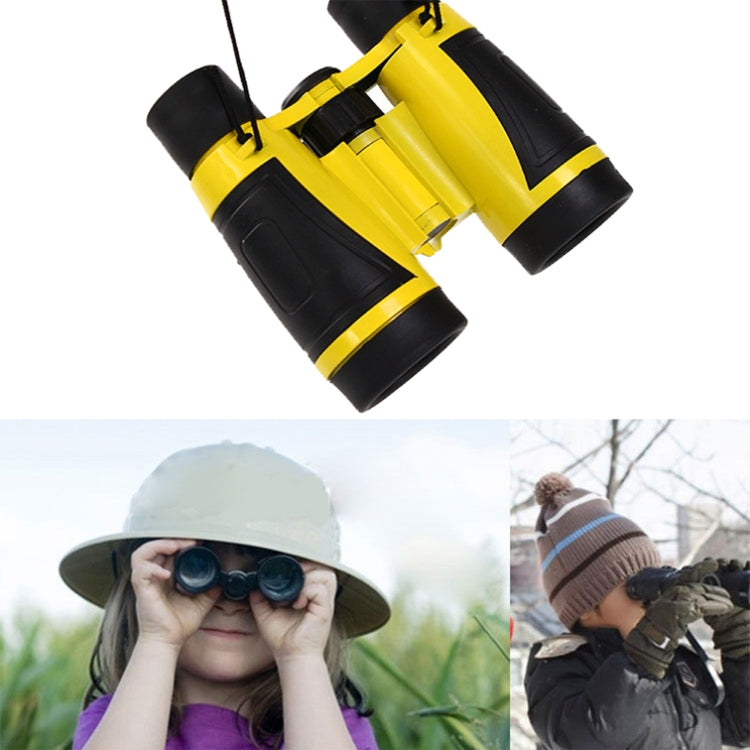 Yellow binocular telescope with attached lanyard strap and two eyecups