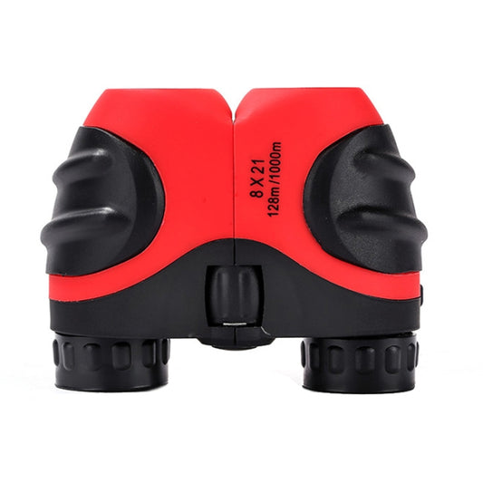 Red children’s mini HD binoculars with black rubber grips and central focus knob