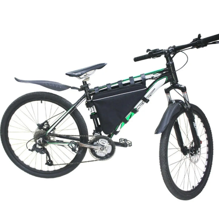 Mountain bike with black battery pouch mounted on frame with webbing straps