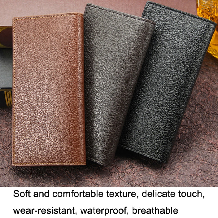 Set of three long men’s wallets in tan and dark colors with multi-card design