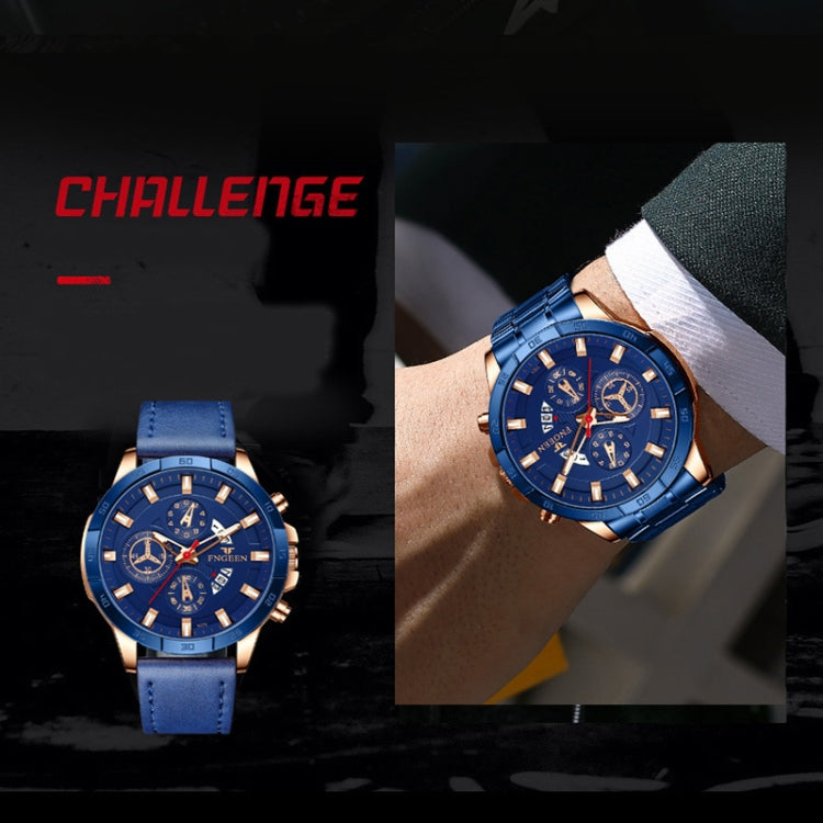 Blue multifunction quartz watch on wrist with blue dial and rose-gold markers