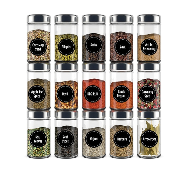 Spice jar label stickers on clear spice jars with circular black spice-name labels
