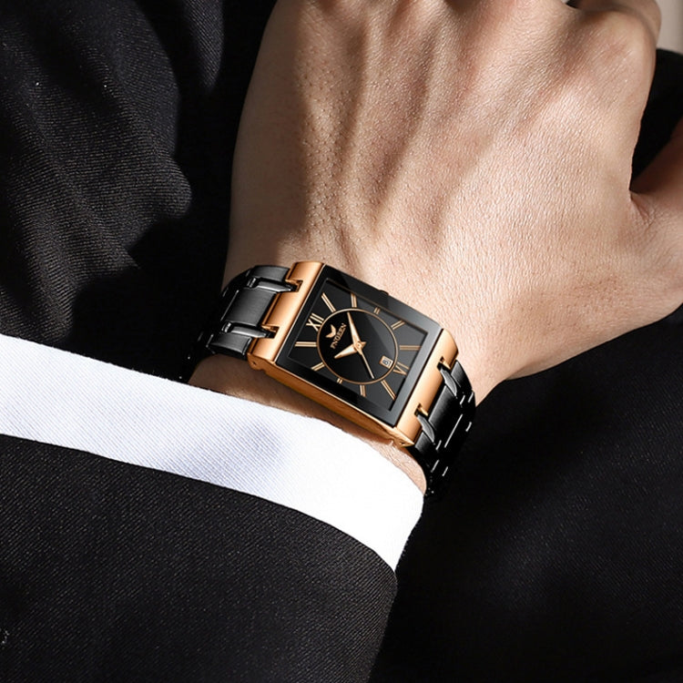 FNGEEN square waterproof wristwatch on wrist, black bracelet with rose-gold accents