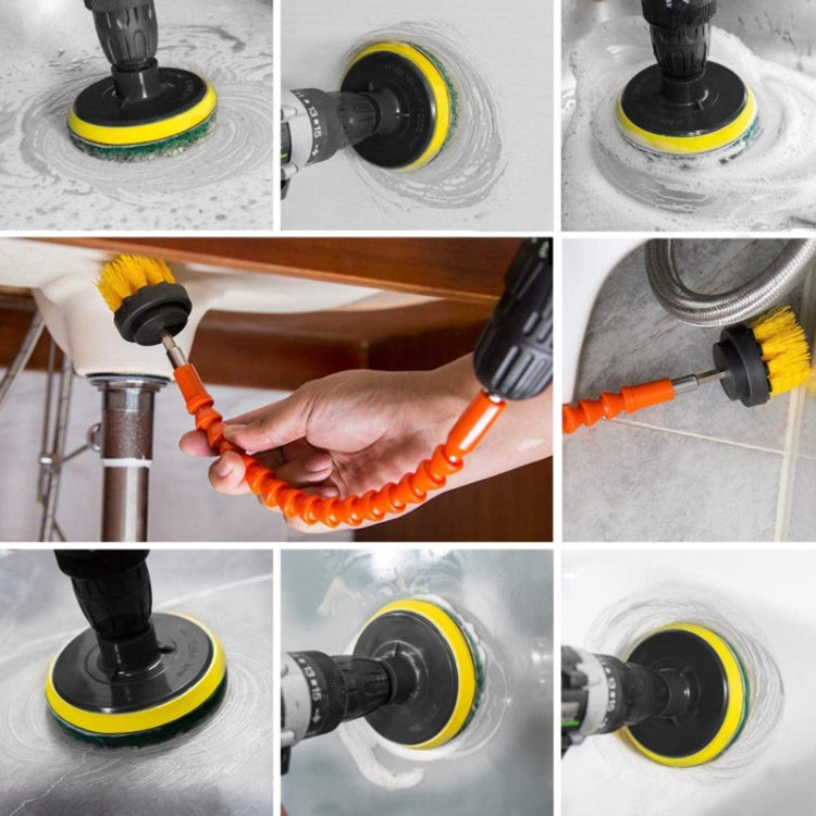 Electric drill scrubber brush cleaning hard floors with yellow pad attachment
