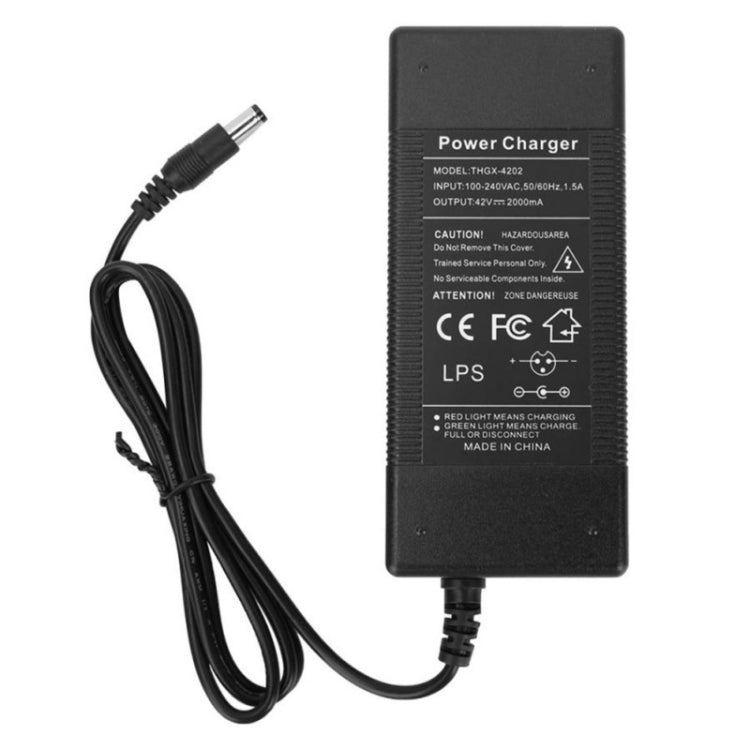 Black DC power charger with printed label and attached cord with DC plug