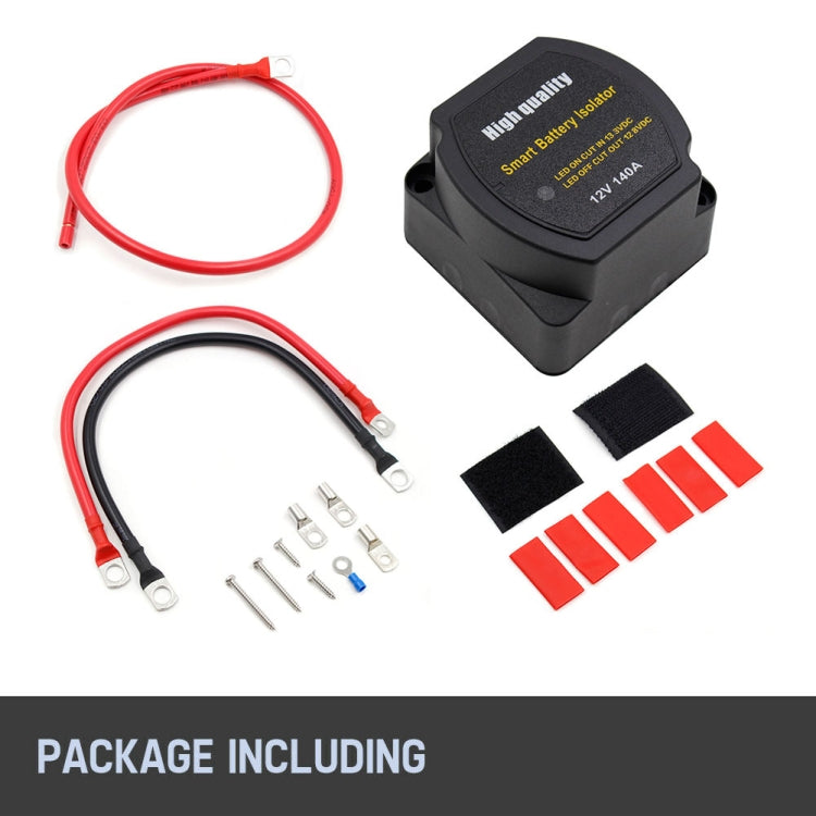Smart battery isolator kit with red wires, mounting hardware, and black label pieces