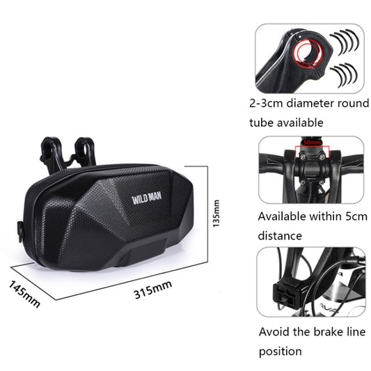 Black hard-shell bicycle head waterproof bag with mounting clips and size diagrams