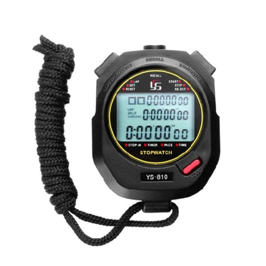 Black electronic track stopwatch timer watch with lanyard and backlit display