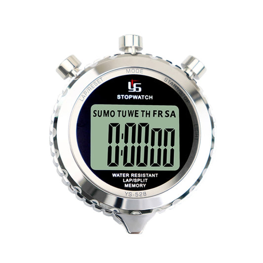 Round metal electronic stopwatch with green digital display and white strap loop