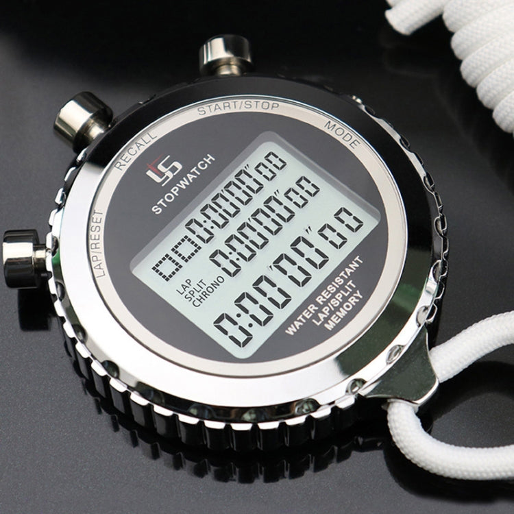 Close-up metal stopwatch with LCD digits, bezel buttons, and white lanyard attached