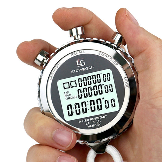 Round metal stopwatch with LCD timing screen, multiple buttons around bezel, handheld