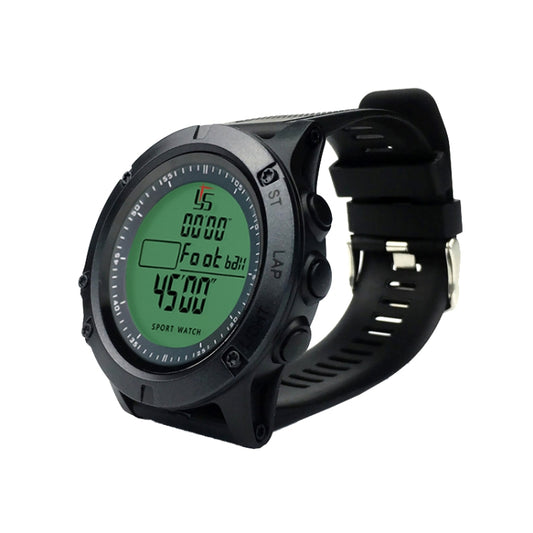 Digital sports stopwatch watch with black case, black silicone strap, and green LCD display.
