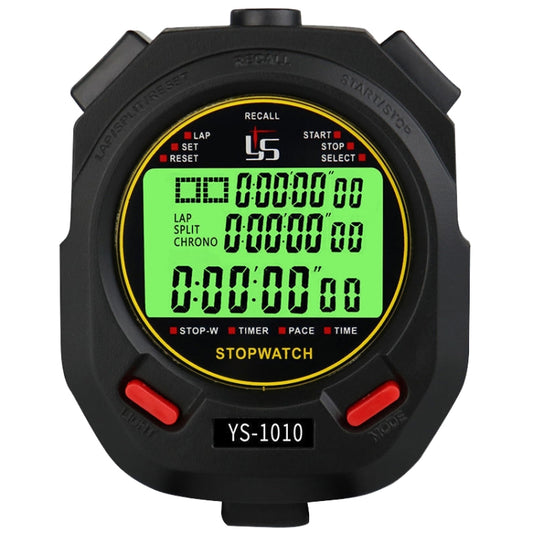 Black luminous digital stopwatch timer with green backlit display, model VS-1010