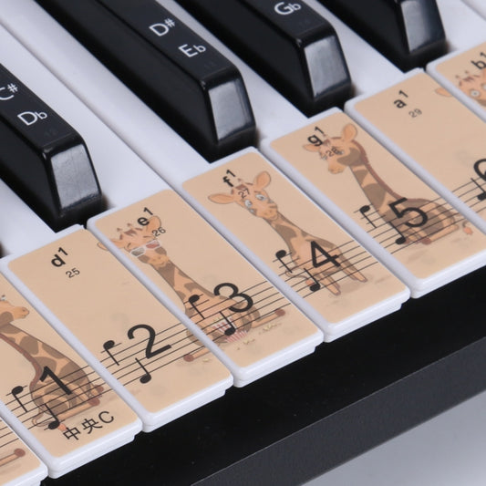 Piano key stickers with giraffe and music note designs on keyboard keys