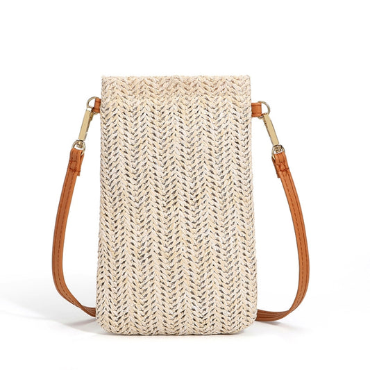 Summer Beach Bag Ladies One Shoulder Mobile Phone Bag Straw Coin Purse, Beige, Cream, Beige Magnetic Buckle, Cream Magnetic Buckle