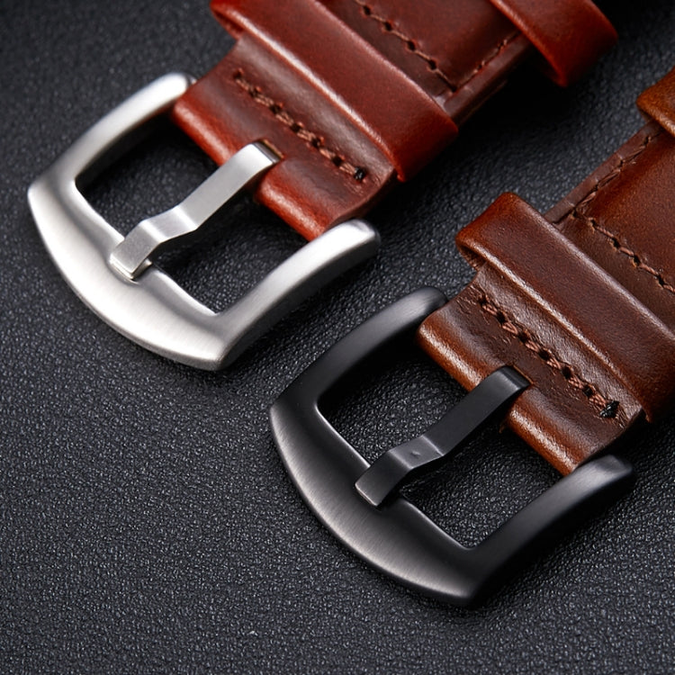 Watch buckle clasps on brown leather straps: silver and black curved frames