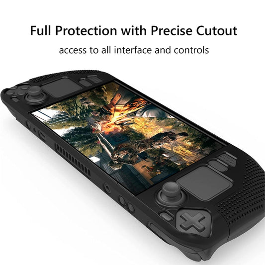 Black silicone console case covering handheld with precise cutouts and textured sides